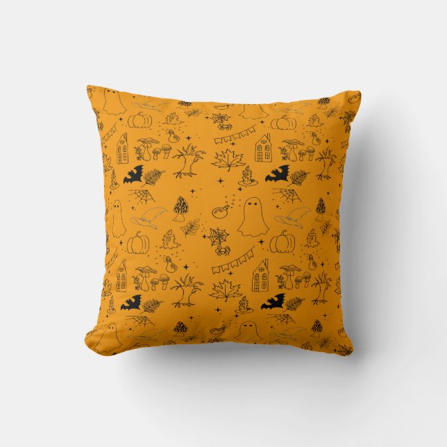 Halloween pattern of ghosts, houses, spiders throw pillow (Front)