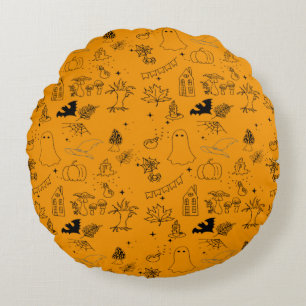 Halloween pattern of ghosts, houses, spiders throw round pillow