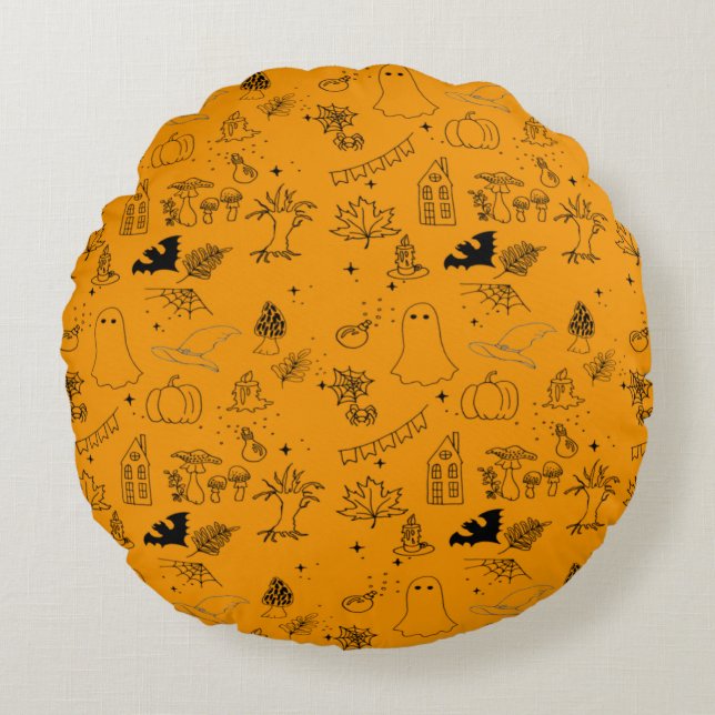 Halloween pattern of ghosts, houses, spiders throw round pillow (Front)