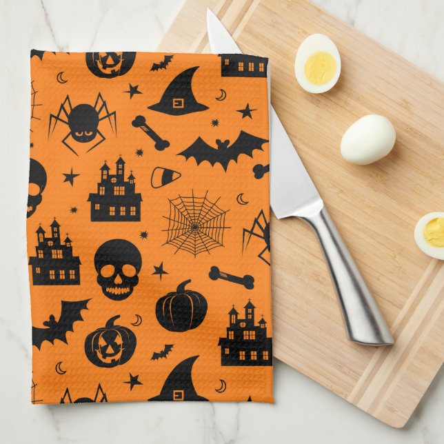 Halloween Pattern Orange and Black Kitchen Towel (Quarter Fold)