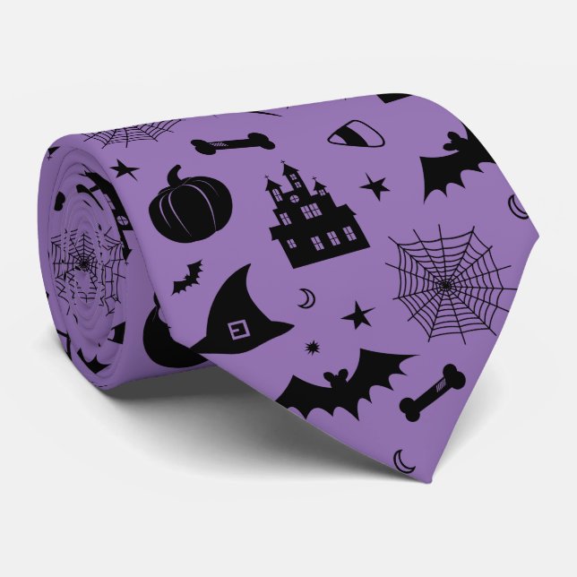 Halloween Pattern Purple and Black Tie (Rolled)