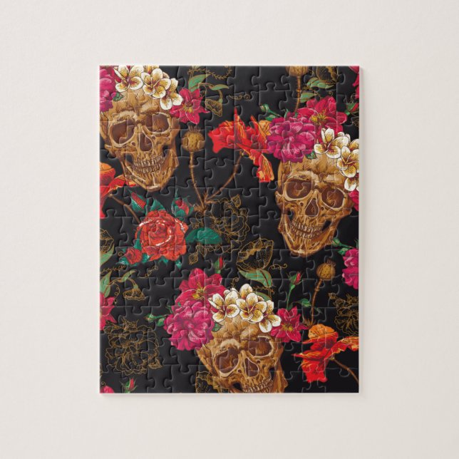 Halloween pattern,skulls,roses,gothic,black,trendy jigsaw puzzle (Vertical)