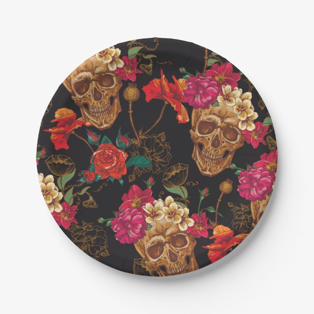 Halloween pattern,skulls,roses,gothic,black,trendy paper plate (Front)