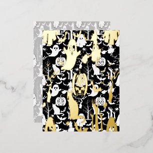 Halloween pattern. Spooky and cute.b Black BG Foil Holiday Postcard