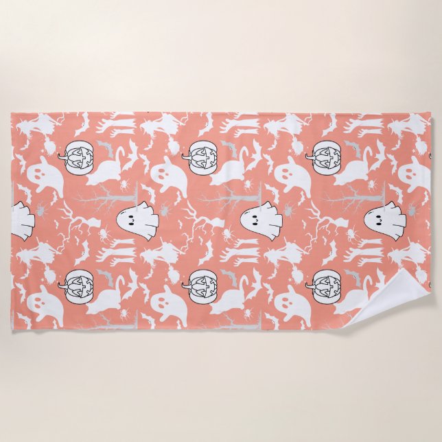 Halloween pattern. Spooky and cute.b L Orange BG Beach Towel (Front)