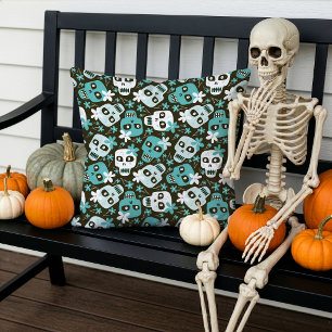 Halloween Pattern Turquoise Skulls Flowers Outdoor Pillow