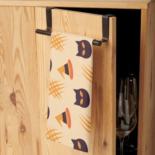 Halloween Pattern With Cats and Beige Pattern Kitchen Towel (Thirds Fold)