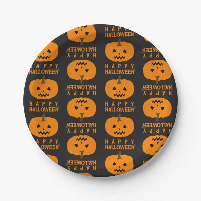 Halloween Pattern With Pumpkin Paper Plate (Front)