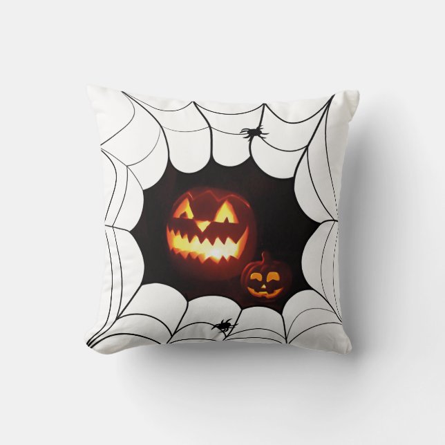 Halloween Pattern with Pumpkins and Spiders Throw Pillow (Front)