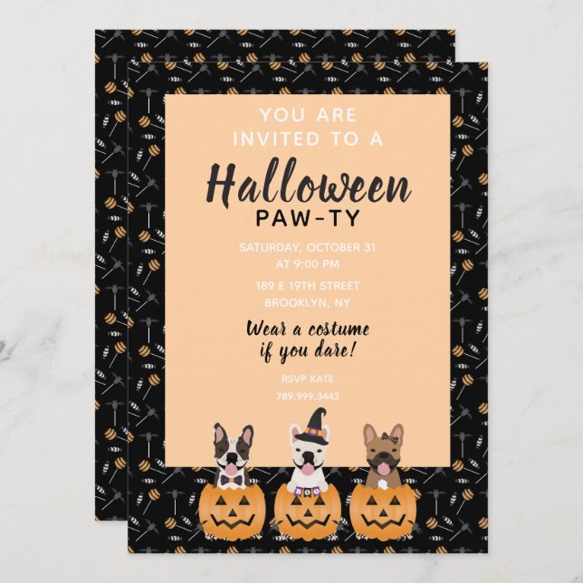 Halloween Pawty French Bulldogs Trick Or Treating Invitation (Front/Back)