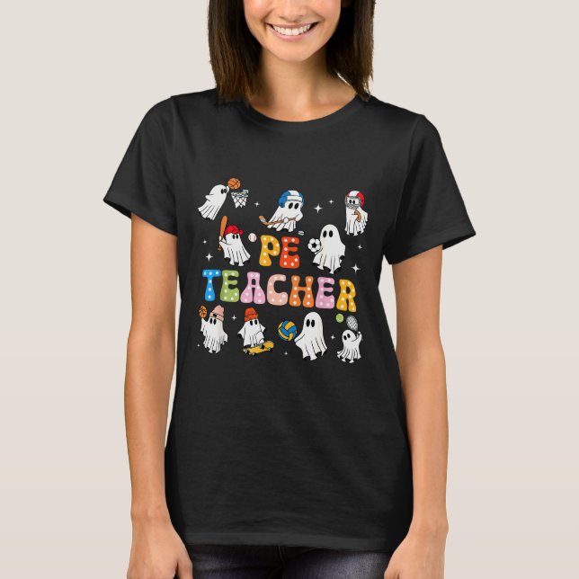 Halloween Pe Teacher Ghost Playing Sports Physical T-Shirt (Front)