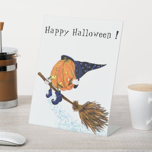 Halloween Pedestal Sign Witch Pumpkin Flying Broom (In SItu)