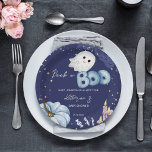 Halloween Peek a boo baby shower tableware Paper Plate<br><div class="desc">Little boo Halloween peek a boo baby shower tableware personalized paper plates . A cute baby pumpkin ghost watercolor  candy candles on a dark starry night background for Halloween themed baby shower.</div>