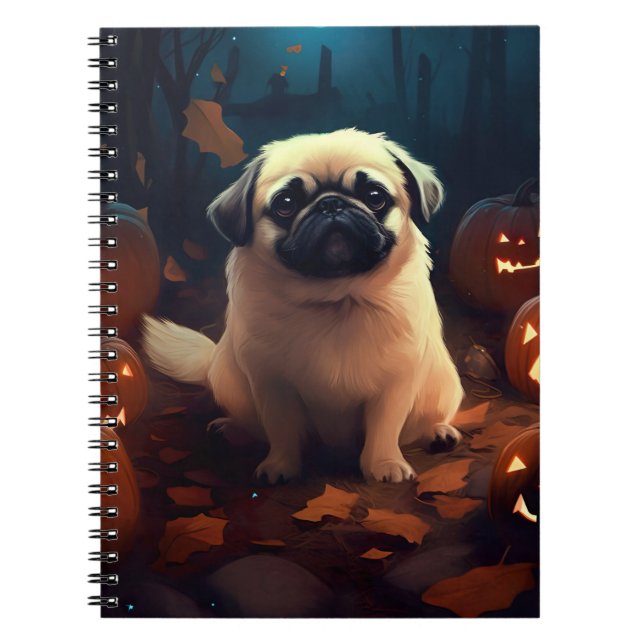 Halloween Pekingese With Pumpkins Scary Notebook (Front)