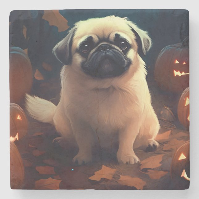 Halloween Pekingese With Pumpkins Scary Stone Coaster (Front)