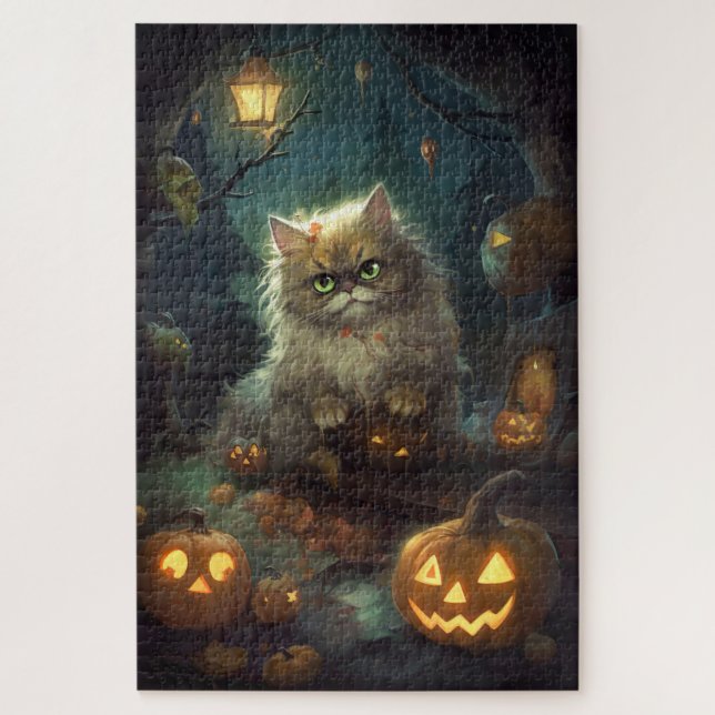 Halloween Persian Cat With Pumpkins Scary Jigsaw Puzzle (Vertical)