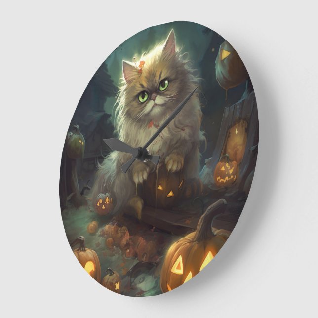 Halloween Persian Cat With Pumpkins Scary Large Clock (Angle)