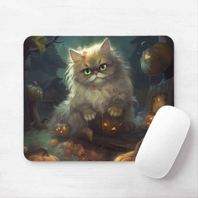Halloween Persian Cat With Pumpkins Scary Mouse Pad (With Mouse)