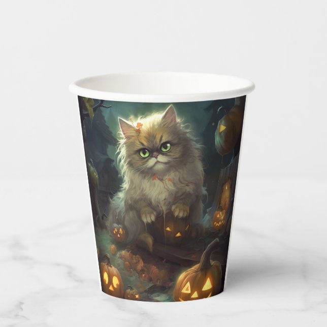 Halloween Persian Cat With Pumpkins Scary Paper Cups (Front)