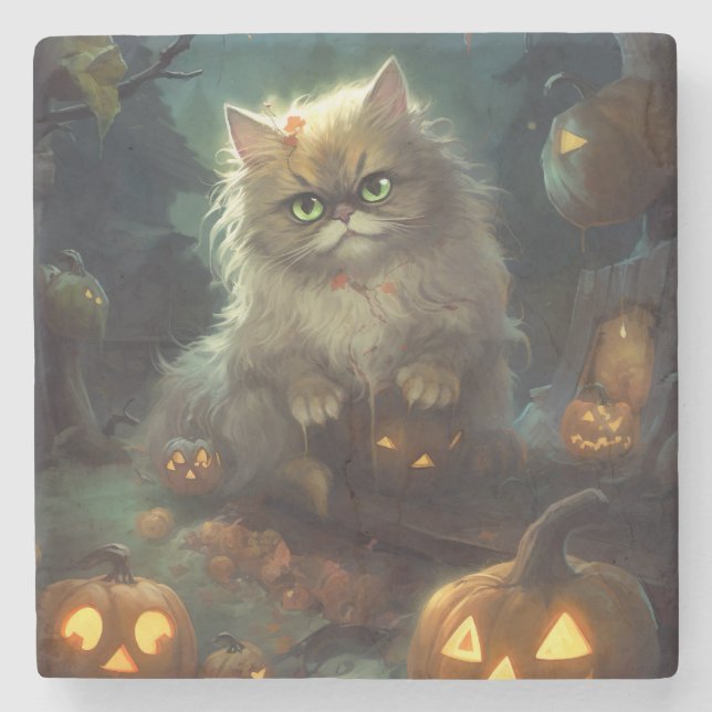 Halloween Persian Cat With Pumpkins Scary Stone Coaster (Front)