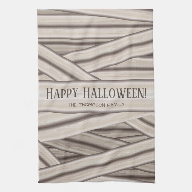 Halloween Personalized Family Name Mummy Stripes Kitchen Towel (Vertical)