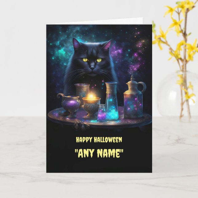 Halloween Personalized Name Black Cat and Potions Card (Yellow Flower)