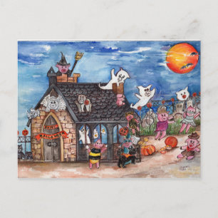 Halloween Pigs Trick or Treat, Ghosts watercolor Postcard