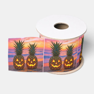 Halloween Pineapple Jack-o-lanterns On a Beach Grosgrain Ribbon