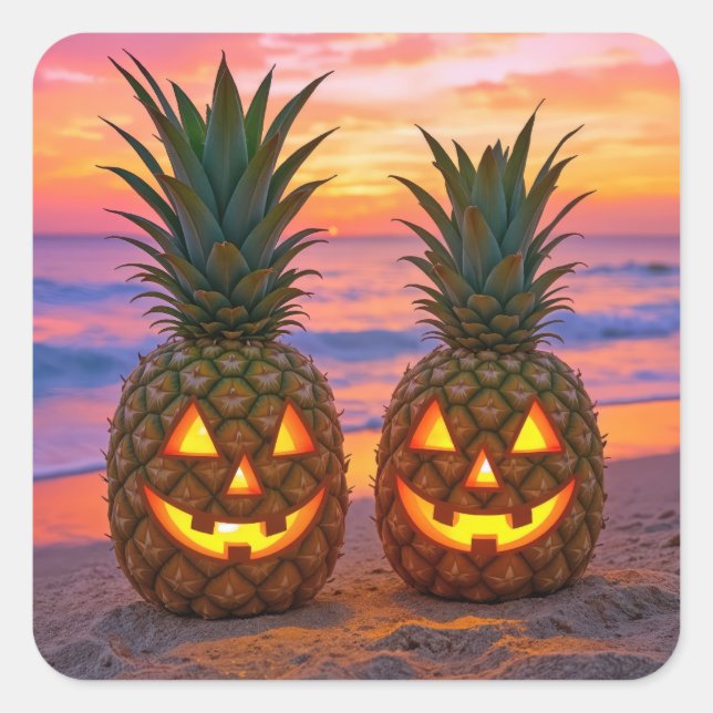 Halloween Pineapple Jack-o-lanterns On a Beach Square Sticker (Front)