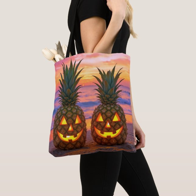 Halloween Pineapple Jack-o-lanterns On a Beach Tote Bag (Close Up)