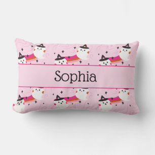 Halloween Pink and Black Ghost Custom Name Lumbar Pillow