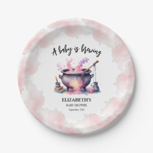 Halloween Pink Baby is Brewing Baby Shower Paper Plate