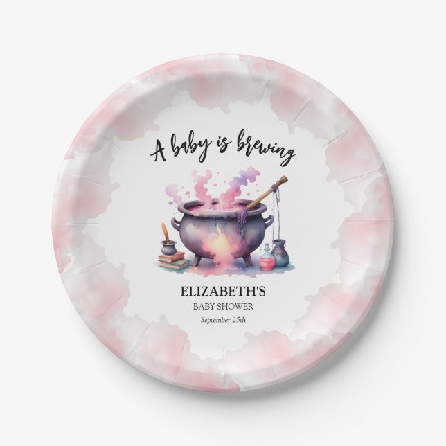 Halloween Pink Baby is Brewing Baby Shower Paper Plate (Front)