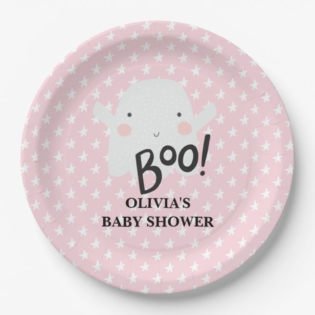 Halloween Pink Baby Shower Little Boo Ghost Paper Plate (Front)