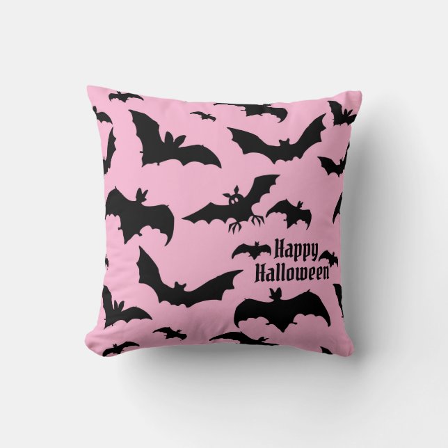 Halloween Pink & Black Bats Throw Pillow (Front)