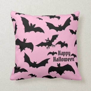 Halloween Pink & Black Bats Throw Pillow