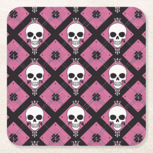Halloween Pink Cute Scull Chequered  Square Paper Coaster