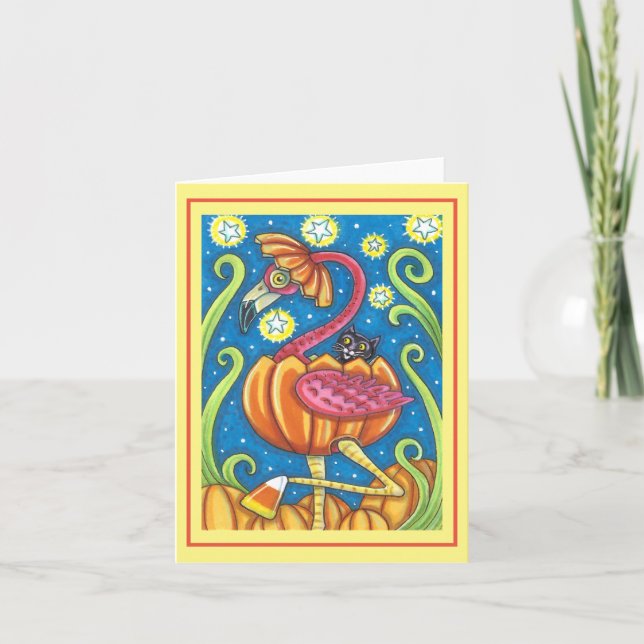 HALLOWEEN PINK FLAMINGO BLACK CAT IN PUMPKIN Blank Card (Front)