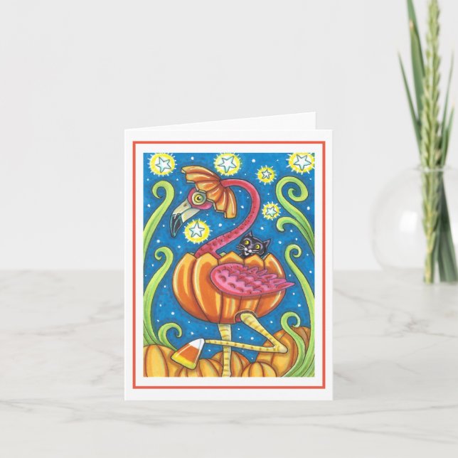 HALLOWEEN PINK FLAMINGO BLACK CAT IN PUMPKIN Blank Card (Front)