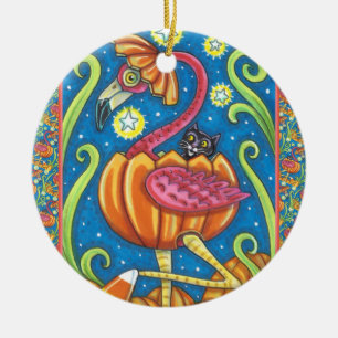 HALLOWEEN PINK FLAMINGO & BLACK CAT IN PUMPKIN CERAMIC ORNAMENT