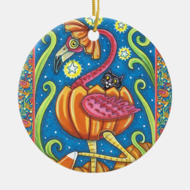 HALLOWEEN PINK FLAMINGO & BLACK CAT IN PUMPKIN CERAMIC ORNAMENT (Front)