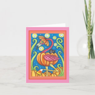 HALLOWEEN PINK FLAMINGO & BLACK CAT IN PUMPKIN HOLIDAY CARD