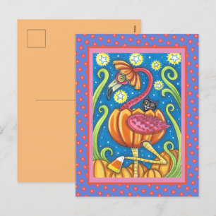HALLOWEEN PINK FLAMINGO & BLACK CAT IN PUMPKIN HOLIDAY POSTCARD