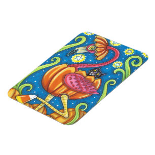 HALLOWEEN PINK FLAMINGO & BLACK CAT IN PUMPKIN MAGNET