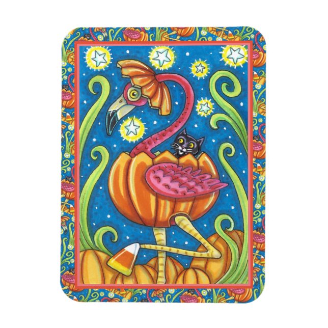 HALLOWEEN PINK FLAMINGO & BLACK CAT IN PUMPKIN MAGNET (Vertical)