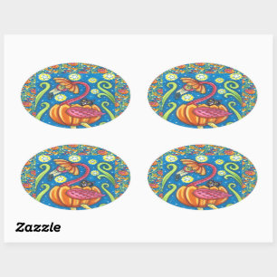 HALLOWEEN PINK FLAMINGO & BLACK CAT IN PUMPKIN OVAL STICKER