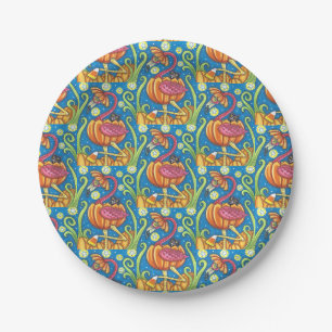 HALLOWEEN PINK FLAMINGO & BLACK CAT IN PUMPKIN PAPER PLATE