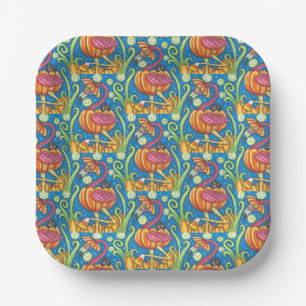 HALLOWEEN PINK FLAMINGO & BLACK CAT IN PUMPKIN PAPER PLATE
