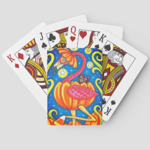 HALLOWEEN PINK FLAMINGO & BLACK CAT IN PUMPKIN PLAYING CARDS