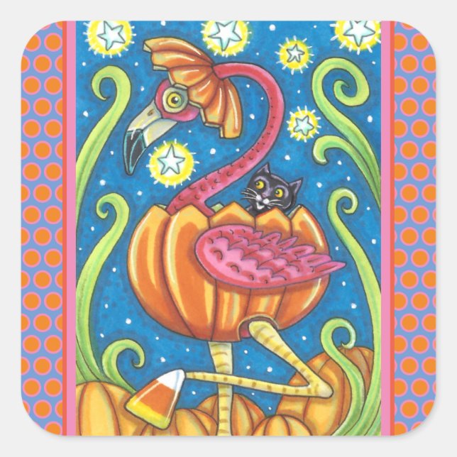 HALLOWEEN PINK FLAMINGO & BLACK CAT IN PUMPKIN SQUARE STICKER (Front)